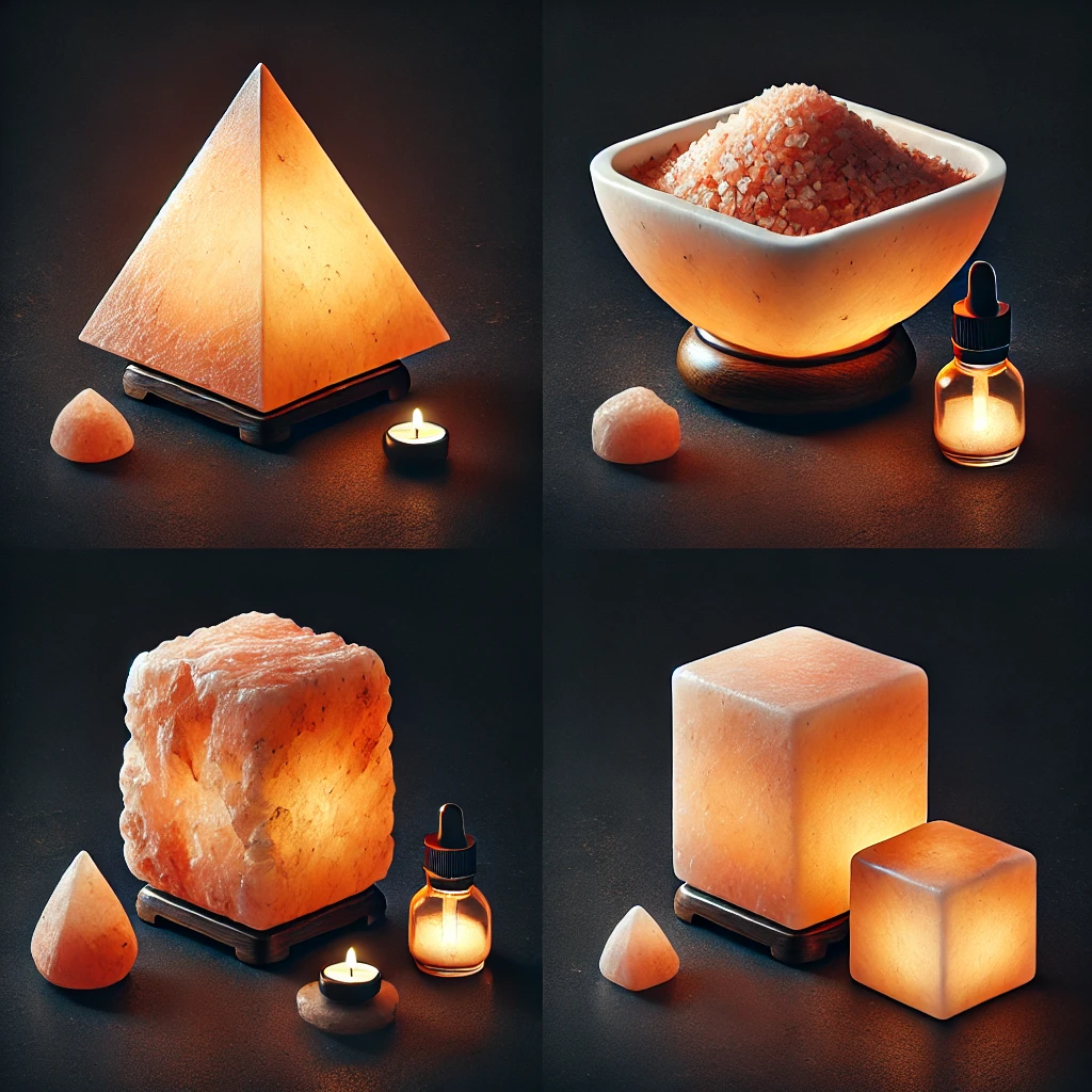 DALL·E 2025-02-16 01.11.36 - A collection of four different designs of natural Himalayan salt lamps against a dark background. The designs include_ 1) A pyramid-shaped Himalayan s