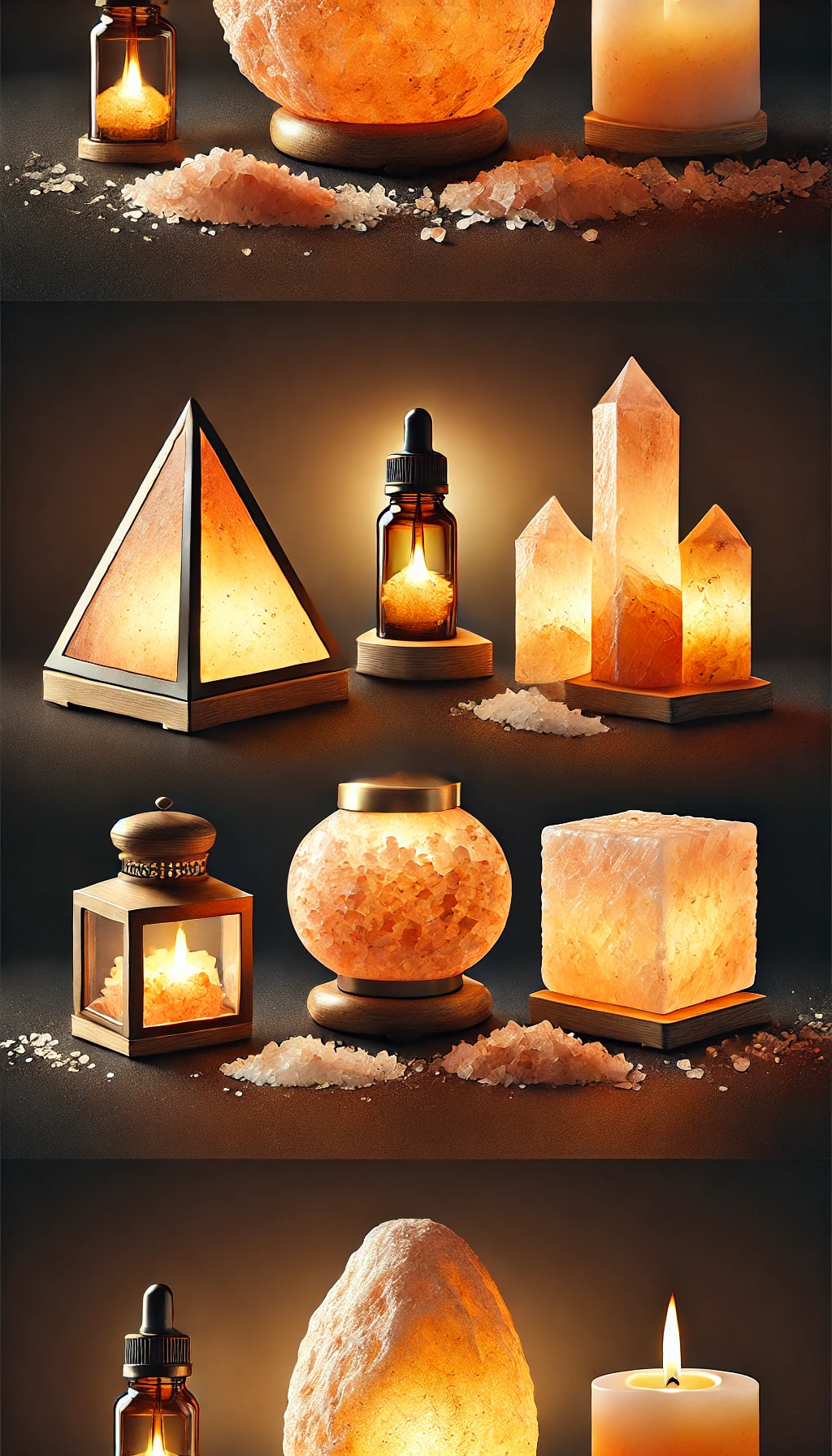 DALL·E 2025-02-16 01.23.31 - A collection of four different designs of natural Himalayan salt lamps in a portrait format. The image features a pyramid-shaped salt lamp, an aromath